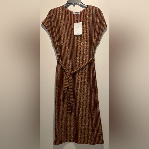 Zara- NWT Metallic Striped Midi Cap Sleeve Belted Cocktail Party Dress- Size S - Picture 1 of 10